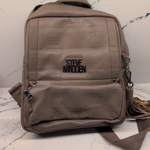 Steve Madden Logo Embossed Backpack With Tassel Camel Brown Gray‎
